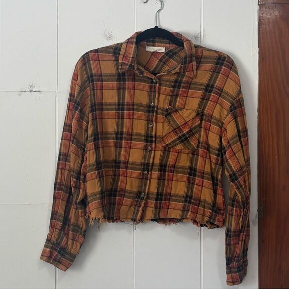 Gilded Intent Orange and Brown Plaid Cropped Button-Down Shirt Large - Picture 2 of 5